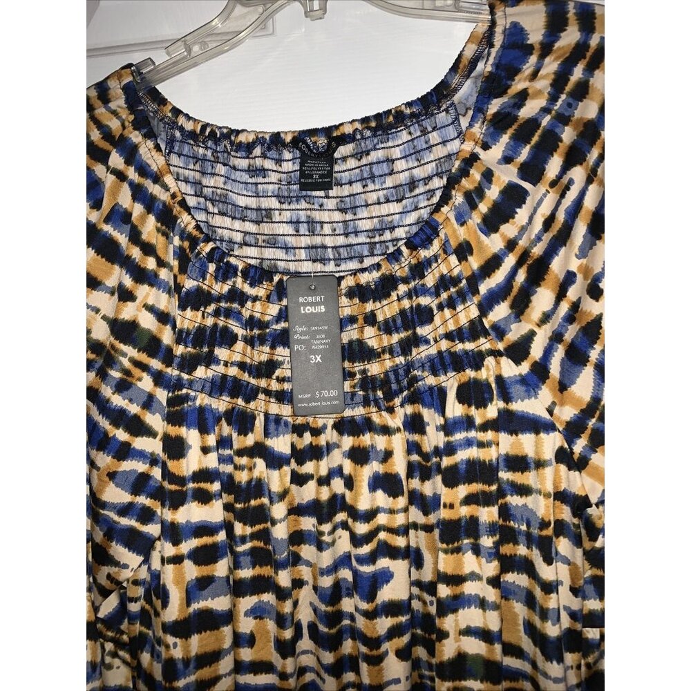 NWT Robert Louis Tan/blue Printed‎ Puff Sleeve Maxi Dress Size 3x - Picture 3 of 4